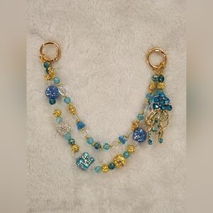 Elegant Gold and Blue Beaded Jellyfish Bag Charm Bag Chain